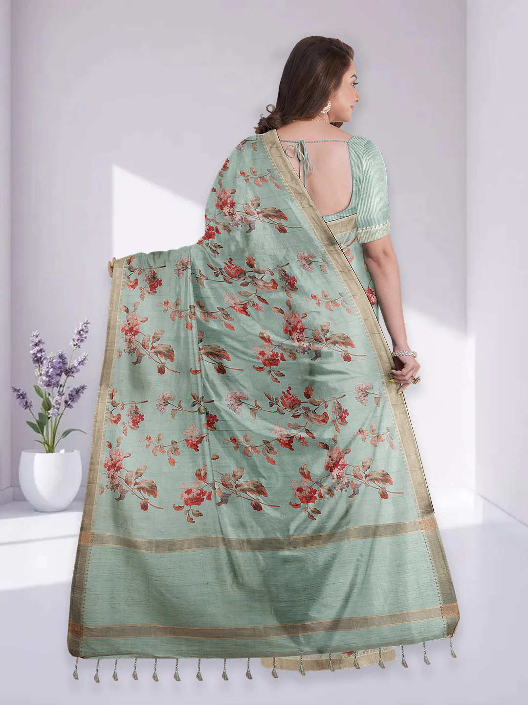Women Green Semi Raw Silk Printed Saree SRS104 - Image 4