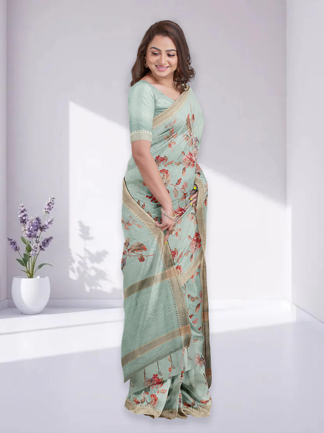 Women Green Semi Raw Silk Printed Saree SRS104 - Image 5