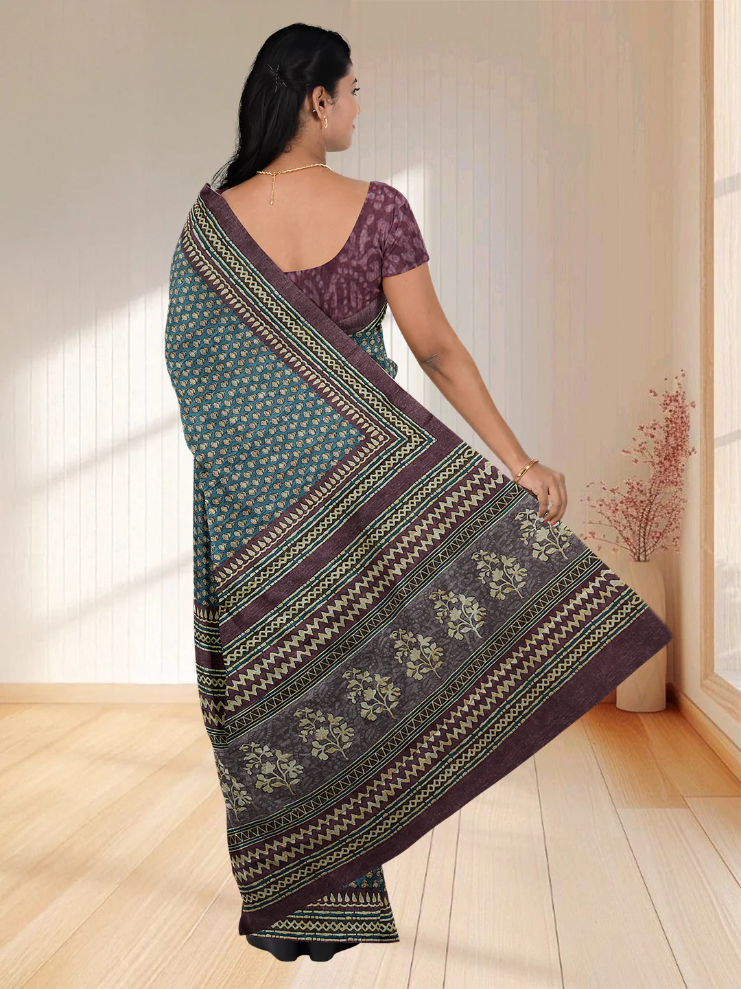 Women Green Semi Tussar Printed Saree ST255 - Image 4