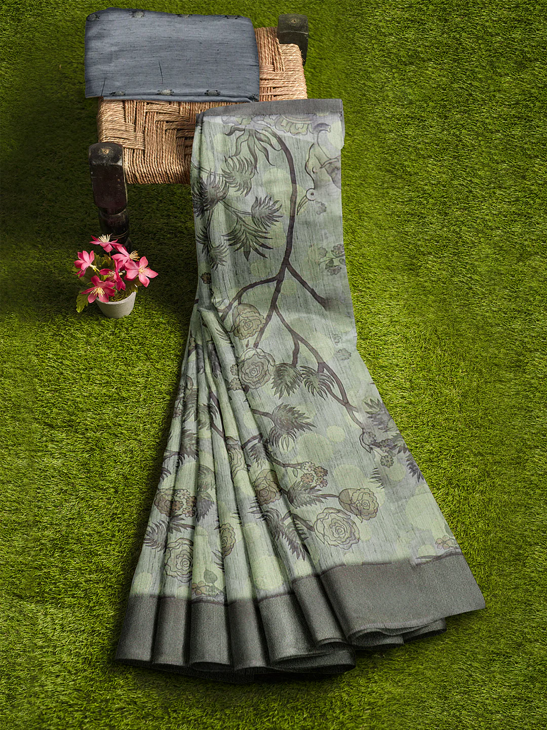 Women Green Semi Tussar Printed Saree ST260 - Image 3