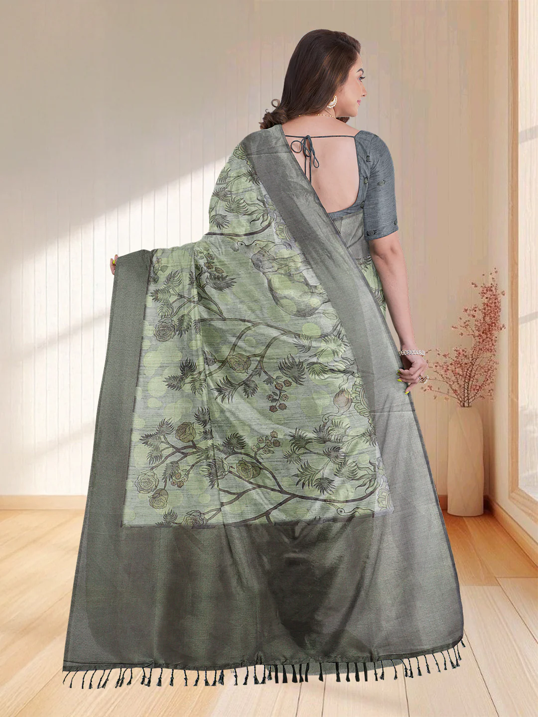 Women Green Semi Tussar Printed Saree ST260 - Image 5