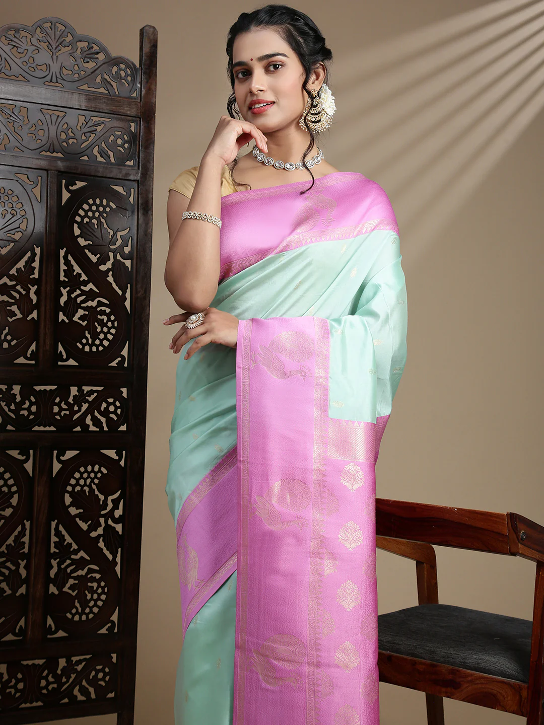 Women Green with Pink Border Soft Silk Saree SS391 - Image 2