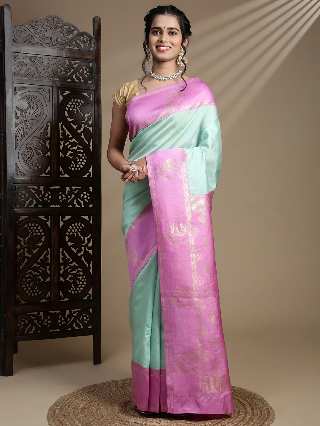 Women Green with Pink Border Soft Silk Saree SS391 - Image 3
