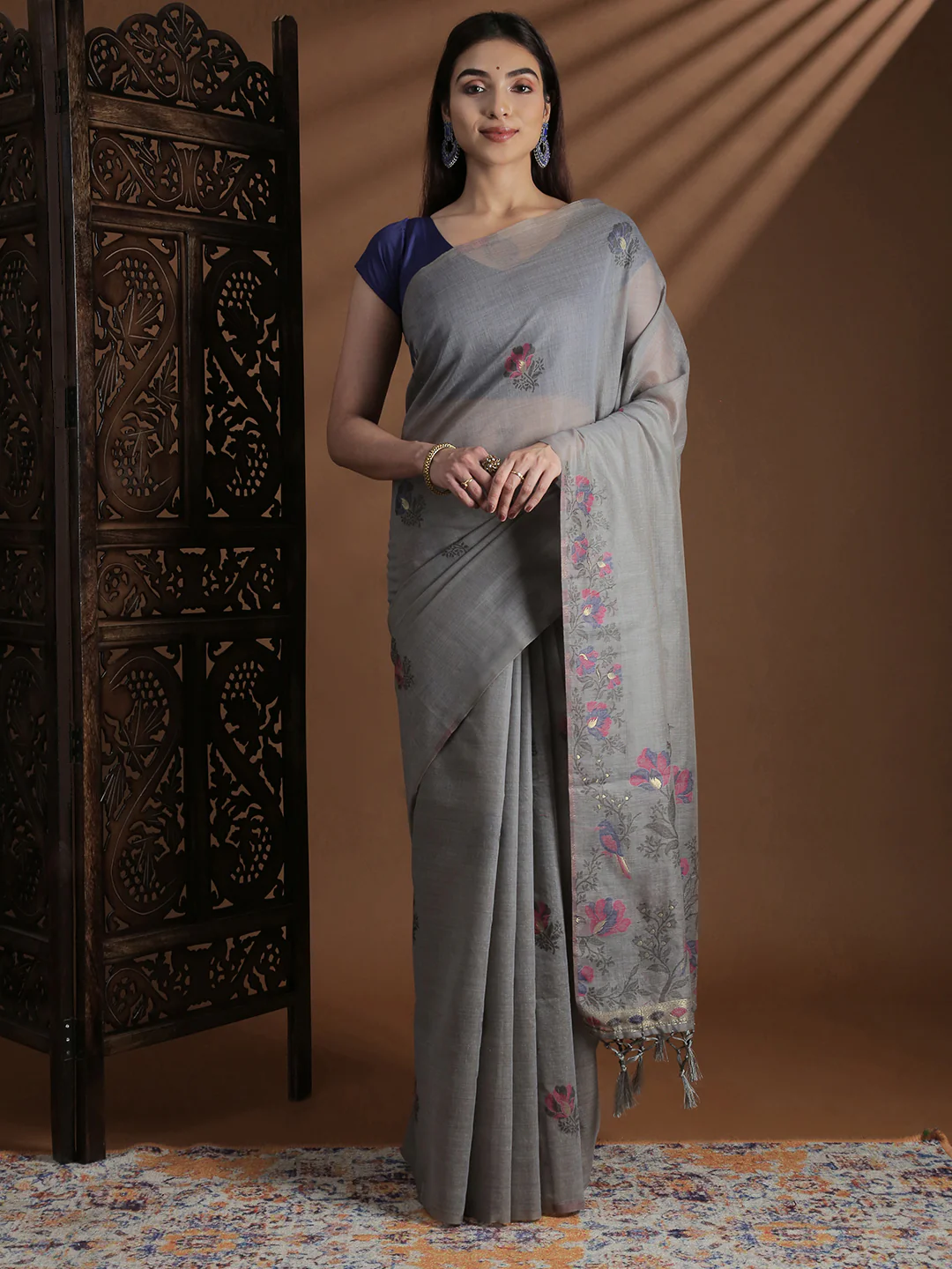 Women Grey Cotton Weaving Saree PCS250 - Image 7