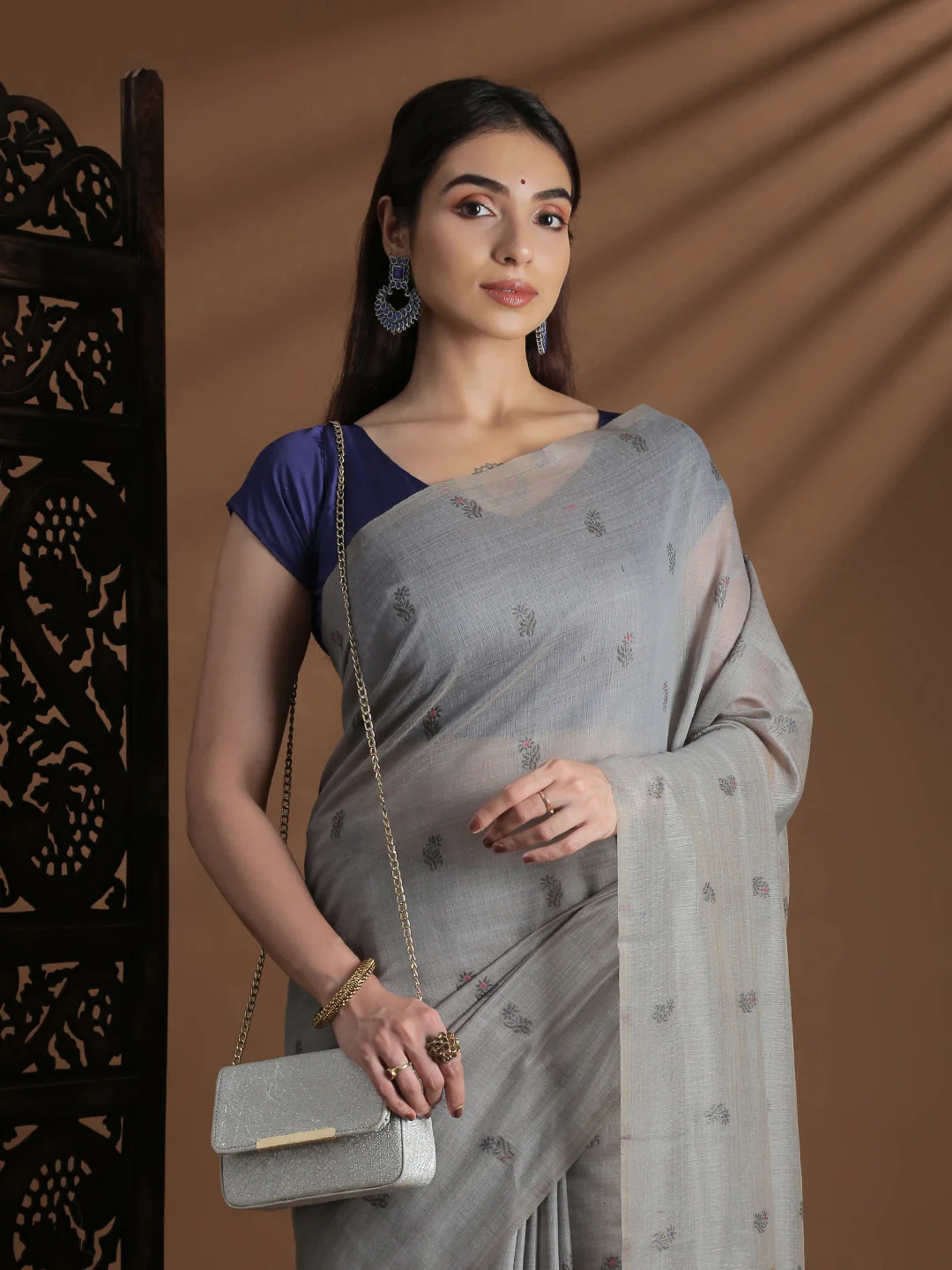 Women Grey Cotton Weaving Saree PCS251 - Image 2
