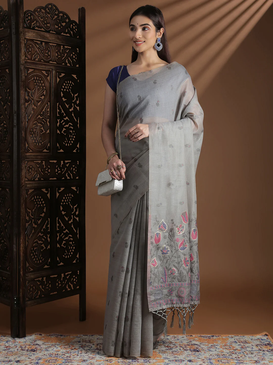 Women Grey Cotton Weaving Saree PCS251 - Image 3