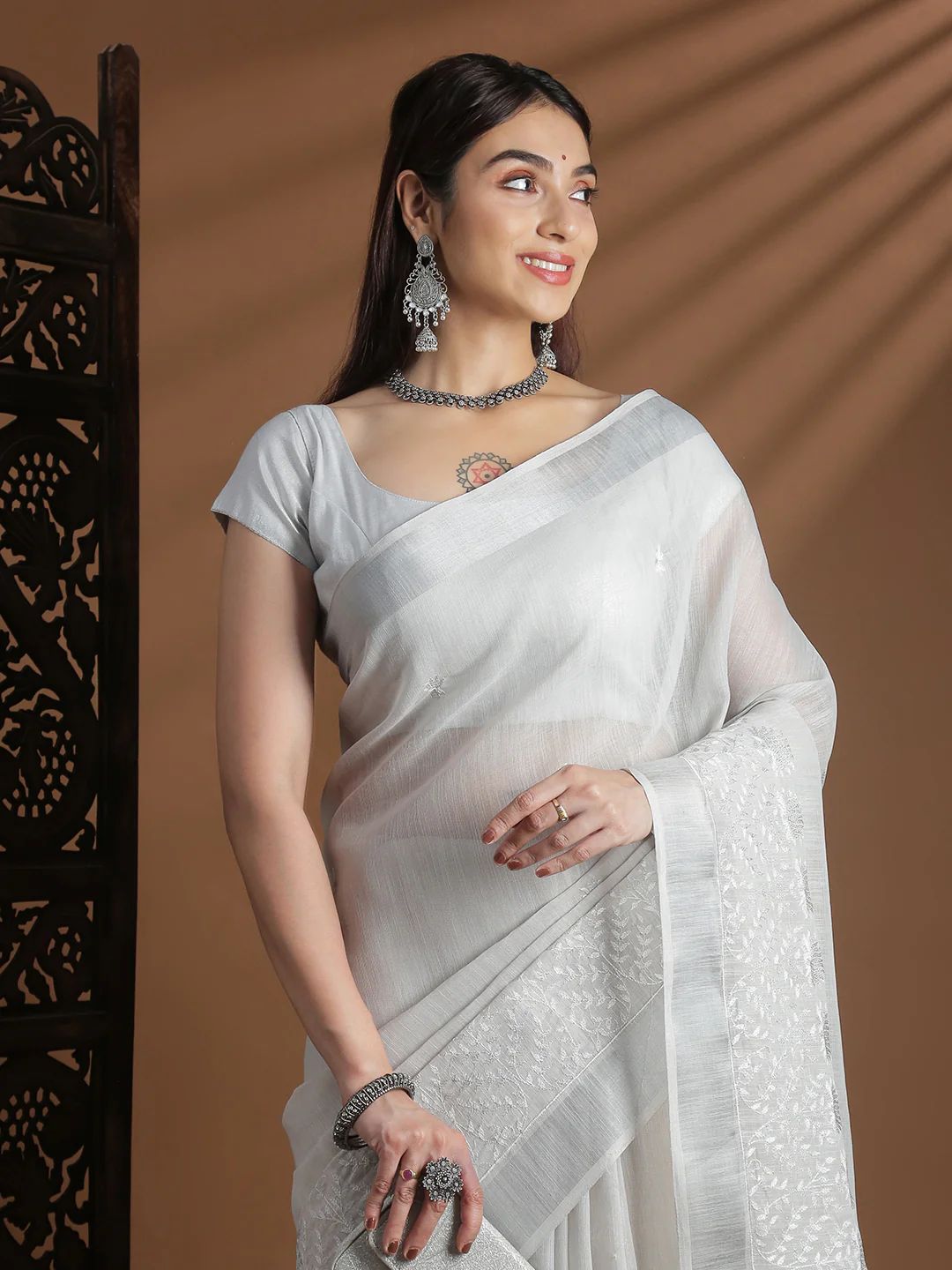 Women Grey Semi Linen Embroidered Saree SL237 - Image 2