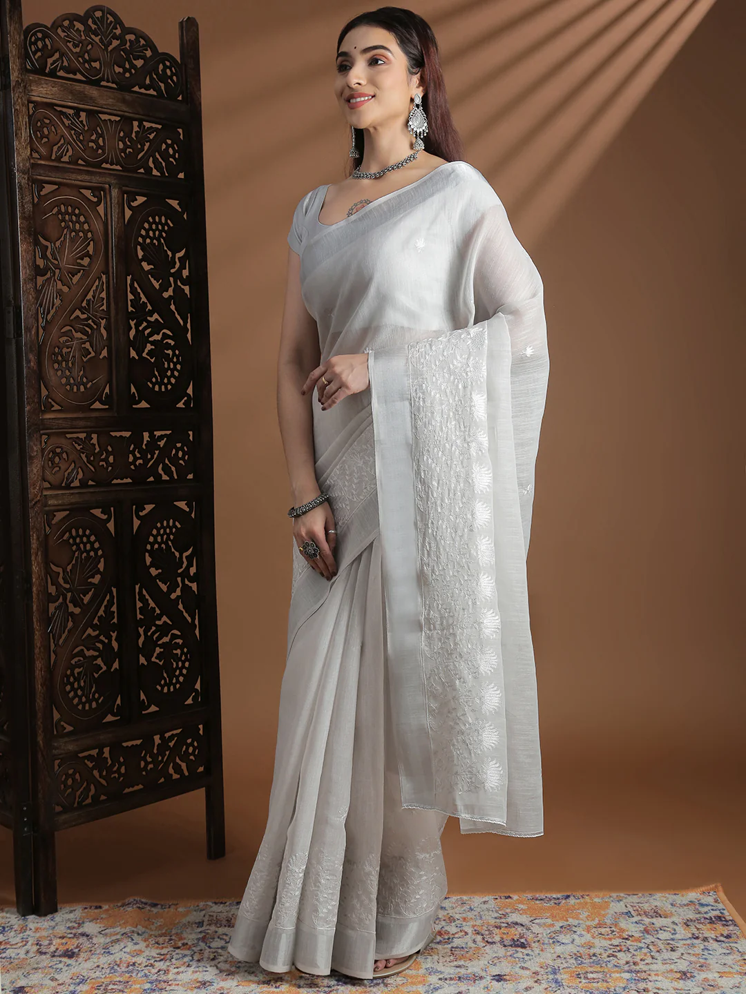 Women Grey Semi Linen Embroidered Saree SL237 - Image 3