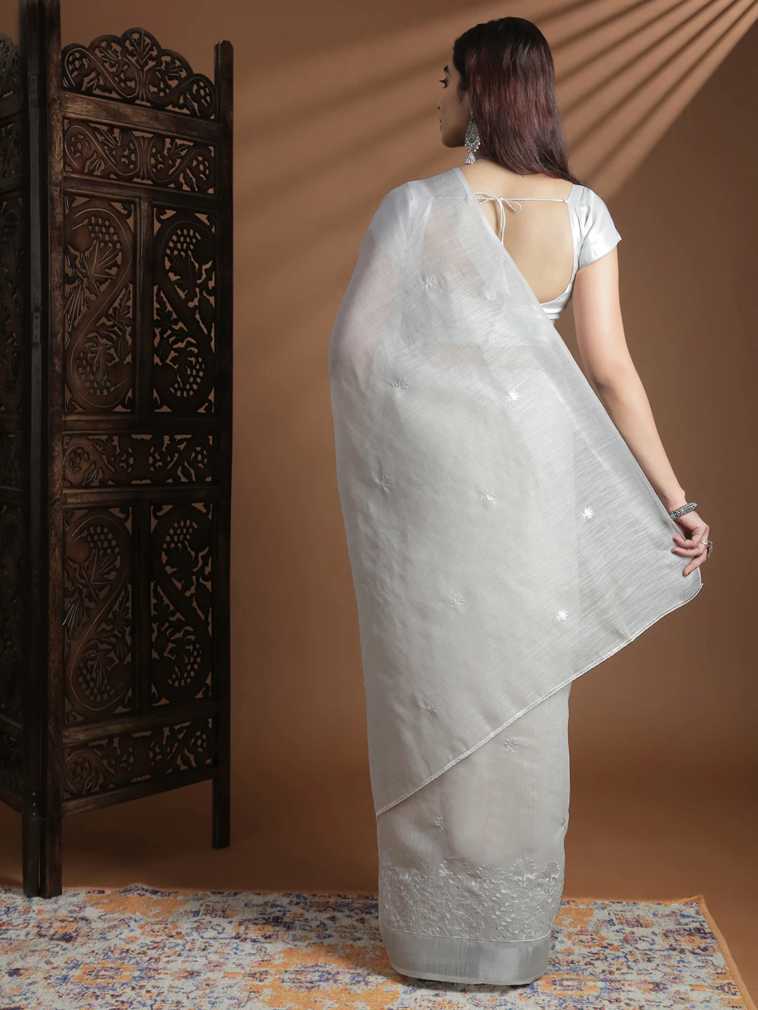 Women Grey Semi Linen Embroidered Saree SL237 - Image 4