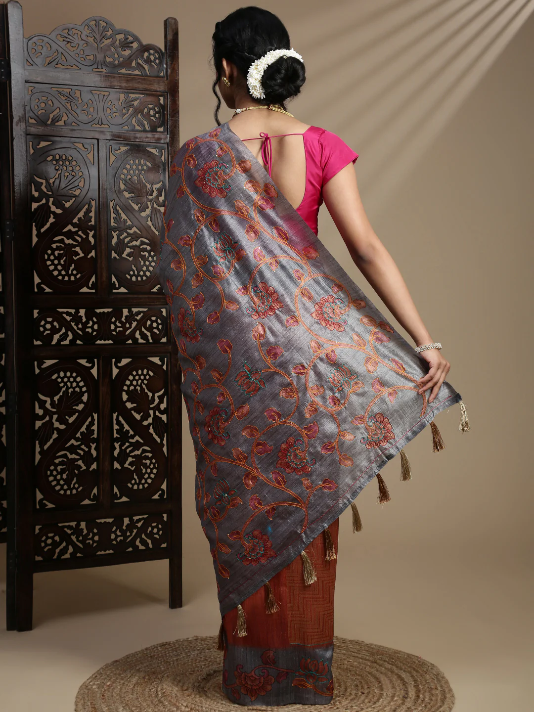 Women Grey Semi Raw Silk Embroidered Saree SRS109 - Image 3
