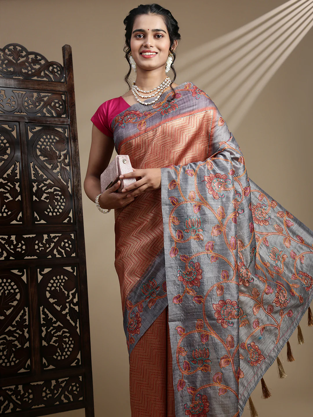 Women Grey Semi Raw Silk Embroidered Saree SRS109 - Image 4