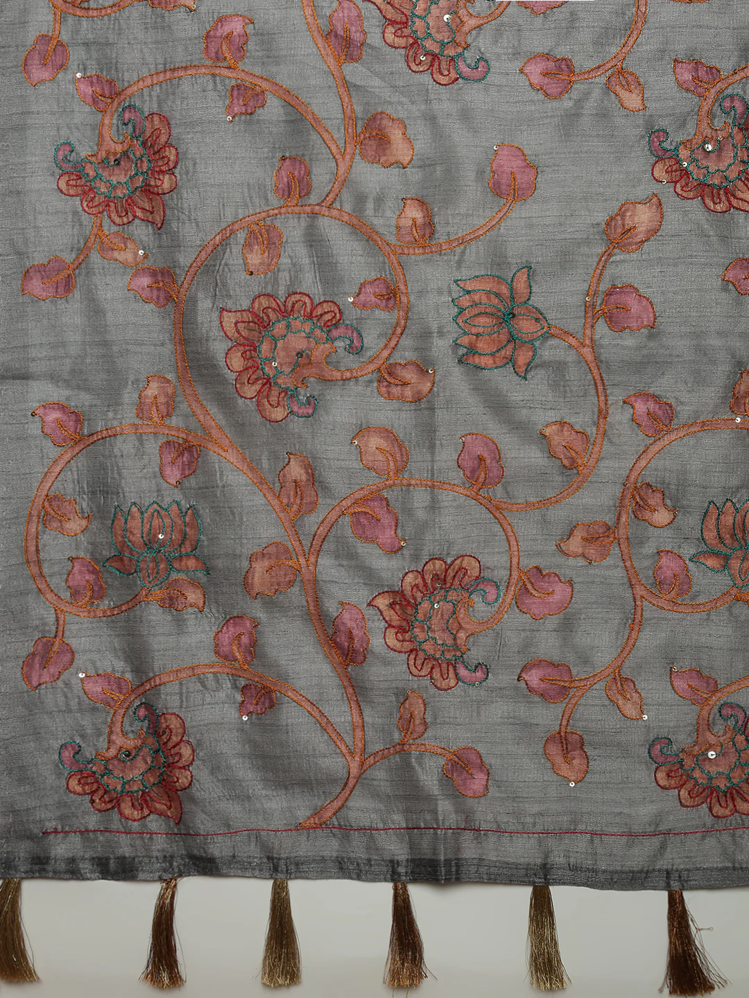 Women Grey Semi Raw Silk Embroidered Saree SRS109 - Image 6