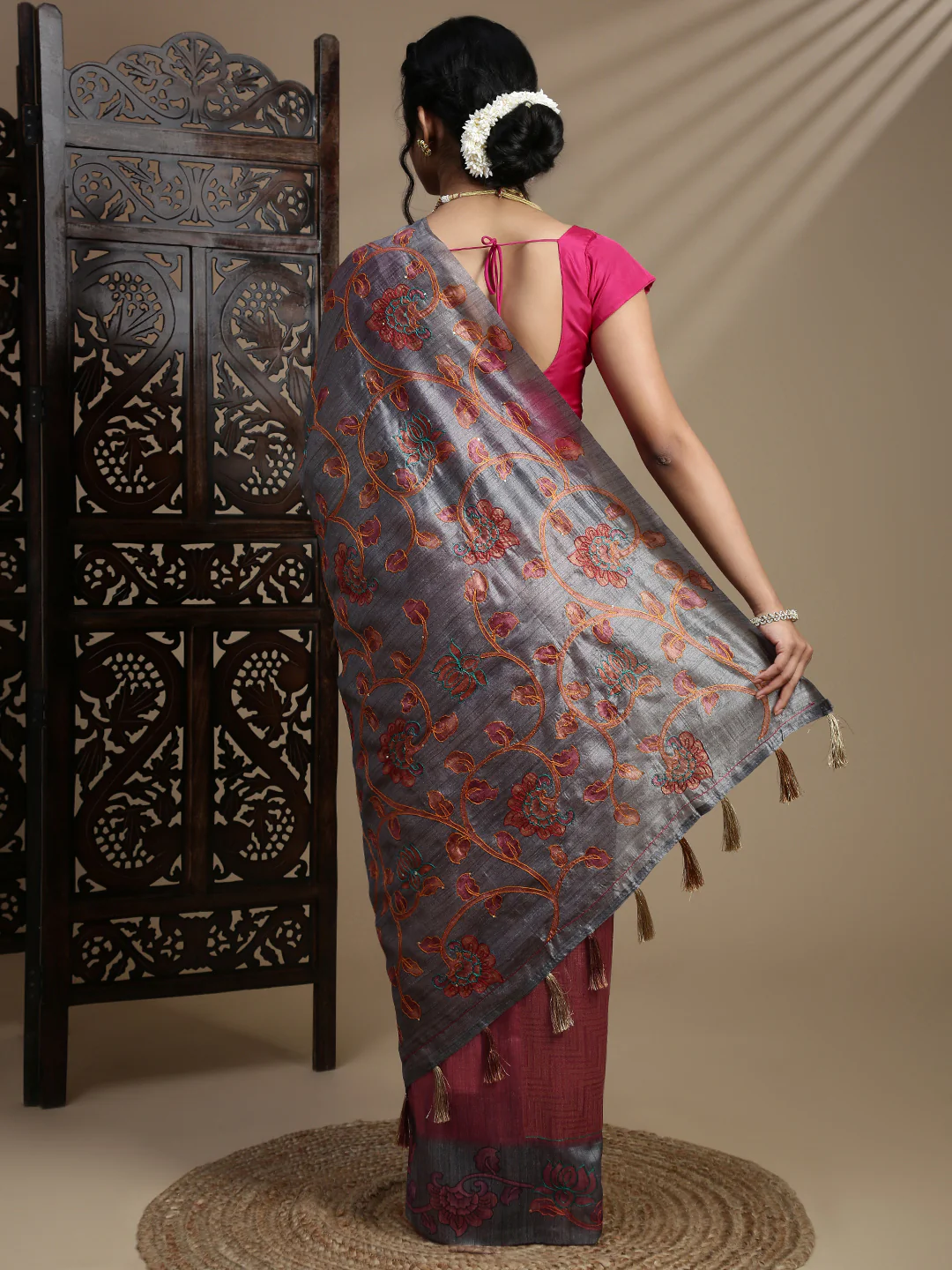 Women Grey Semi Raw Silk Embroidered Saree SRS111 - Image 3