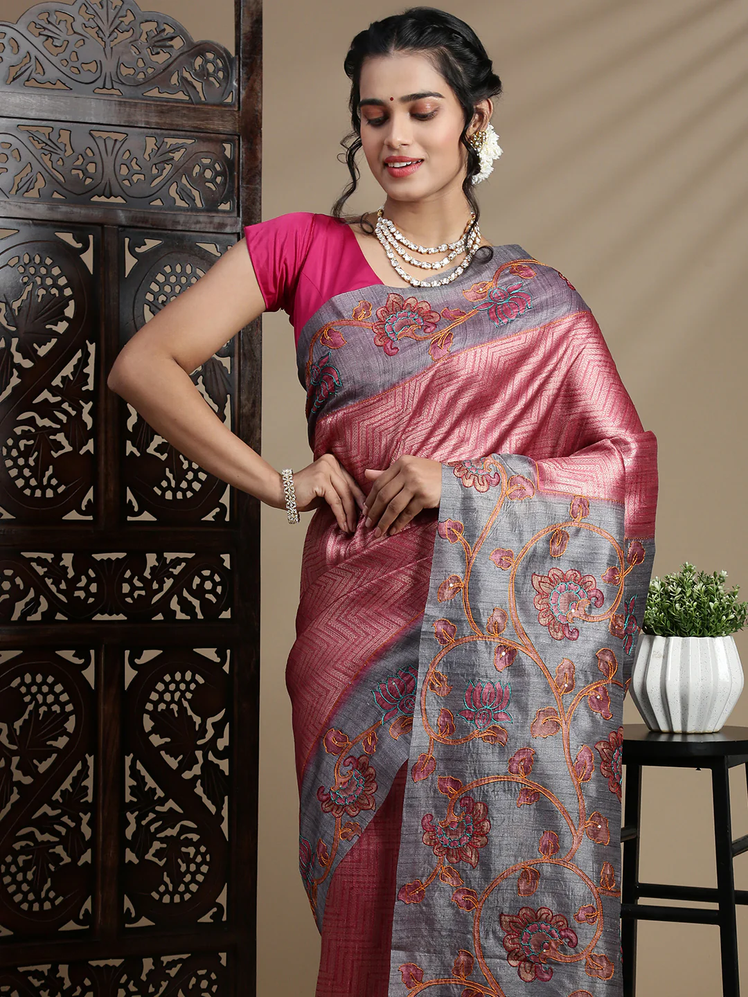 Women Grey Semi Raw Silk Embroidered Saree SRS111 - Image 4
