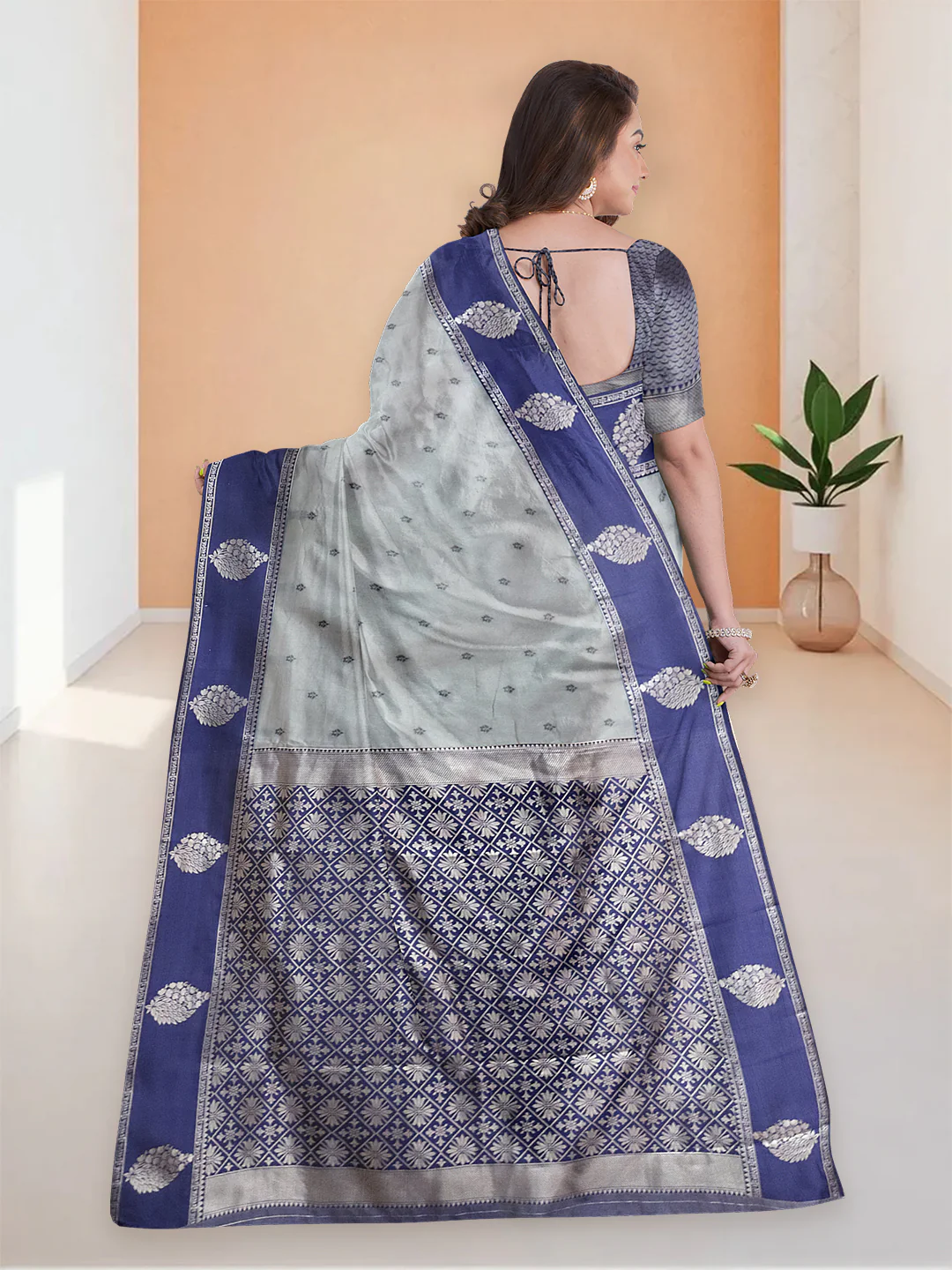 Women Grey Soft Silk Saree SS381 - Image 5