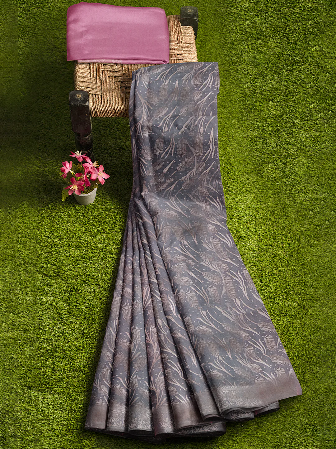 Women Grey with Pink Art Silk Saree ASS126 - Image 2