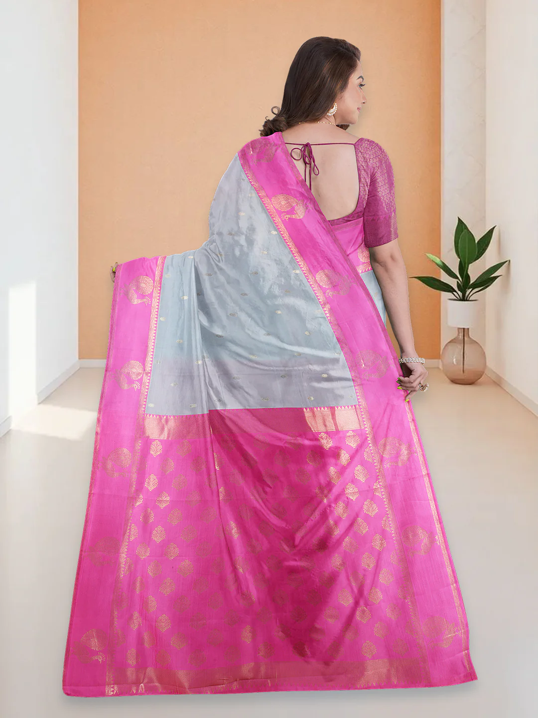 Women Grey with Pink Art Silk Saree ASS95 - Image 3