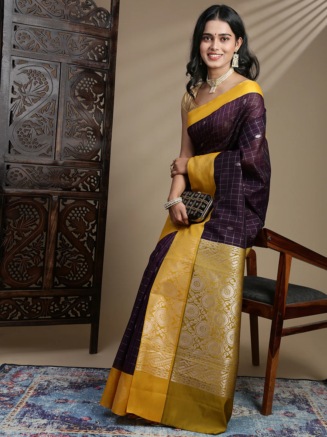 Women Kora Cotton Dark Purple Saree SK121 - Image 2