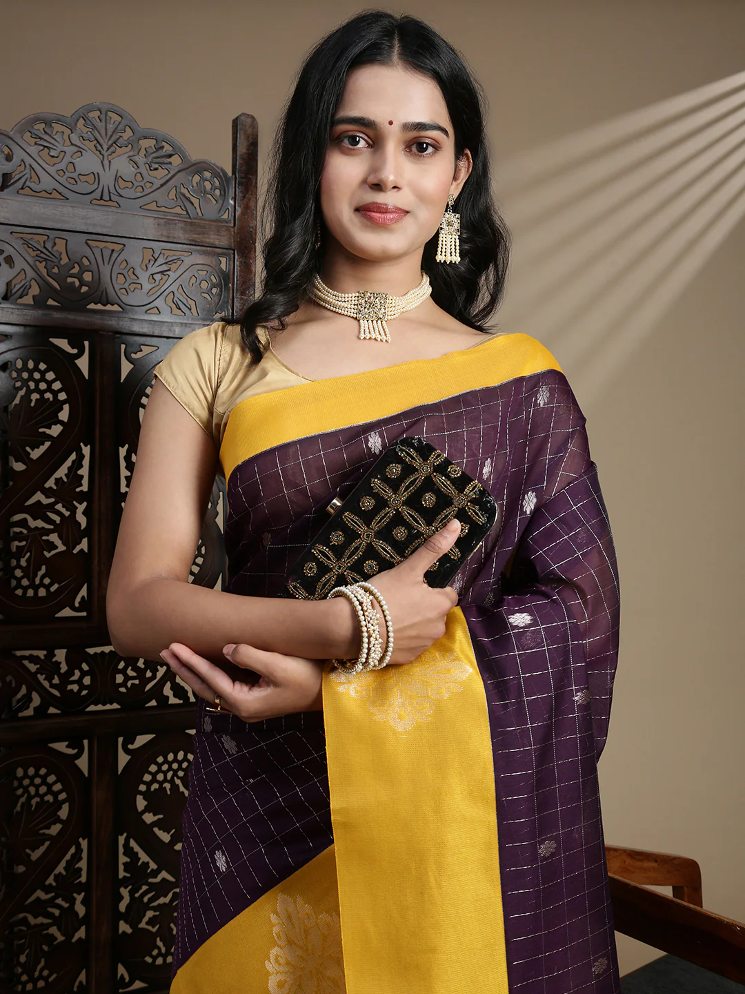 Women Kora Cotton Dark Purple Saree SK121 - Image 3
