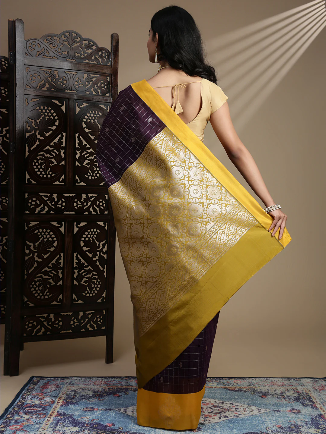 Women Kora Cotton Dark Purple Saree SK121 - Image 7