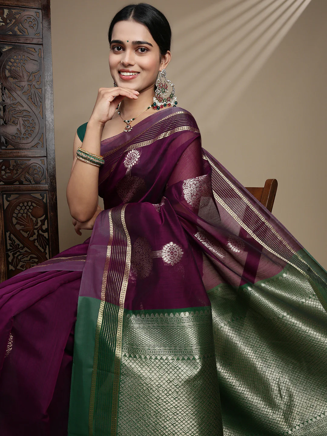 Women Kora Cotton Dark Purple Saree SK129 - Image 2