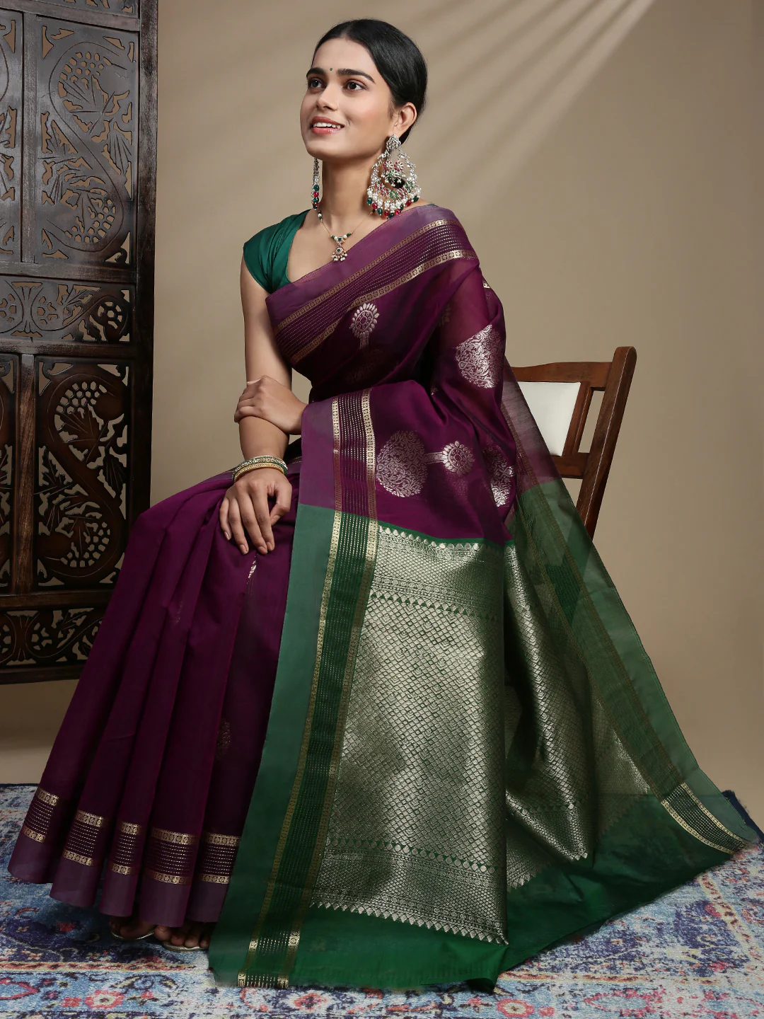 Women Kora Cotton Dark Purple Saree SK129 - Image 3