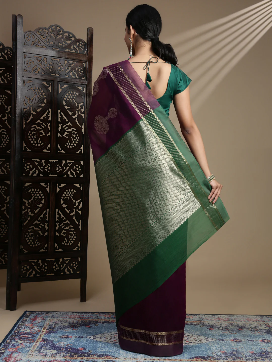 Women Kora Cotton Dark Purple Saree SK129 - Image 5