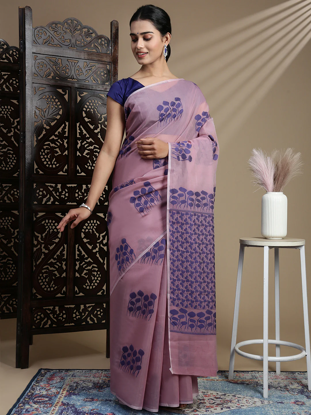 Women Kora Cotton Light Purple Saree SK114 - Image 2