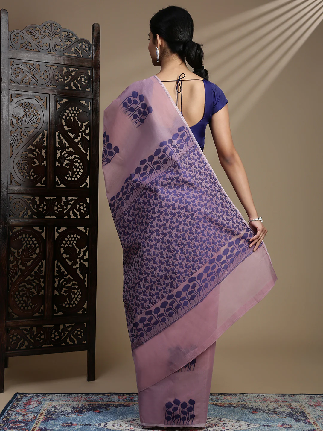Women Kora Cotton Light Purple Saree SK114 - Image 4