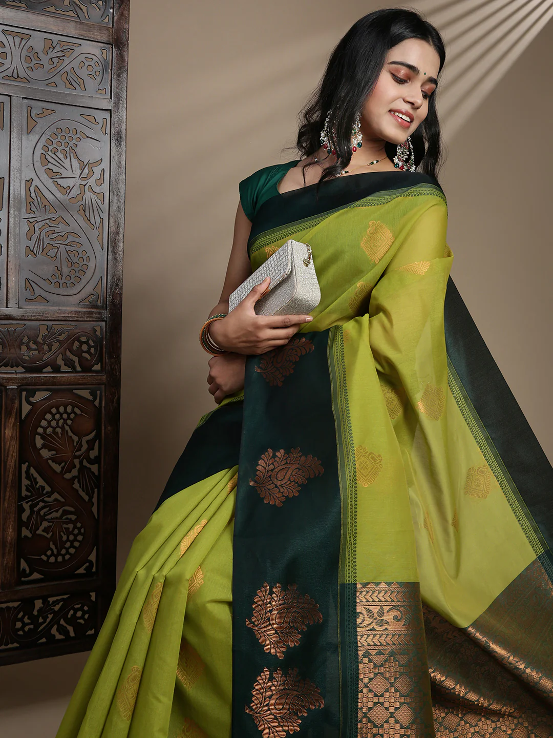 Women Kora Cotton Fancy Light Green Saree SK113 - Image 2