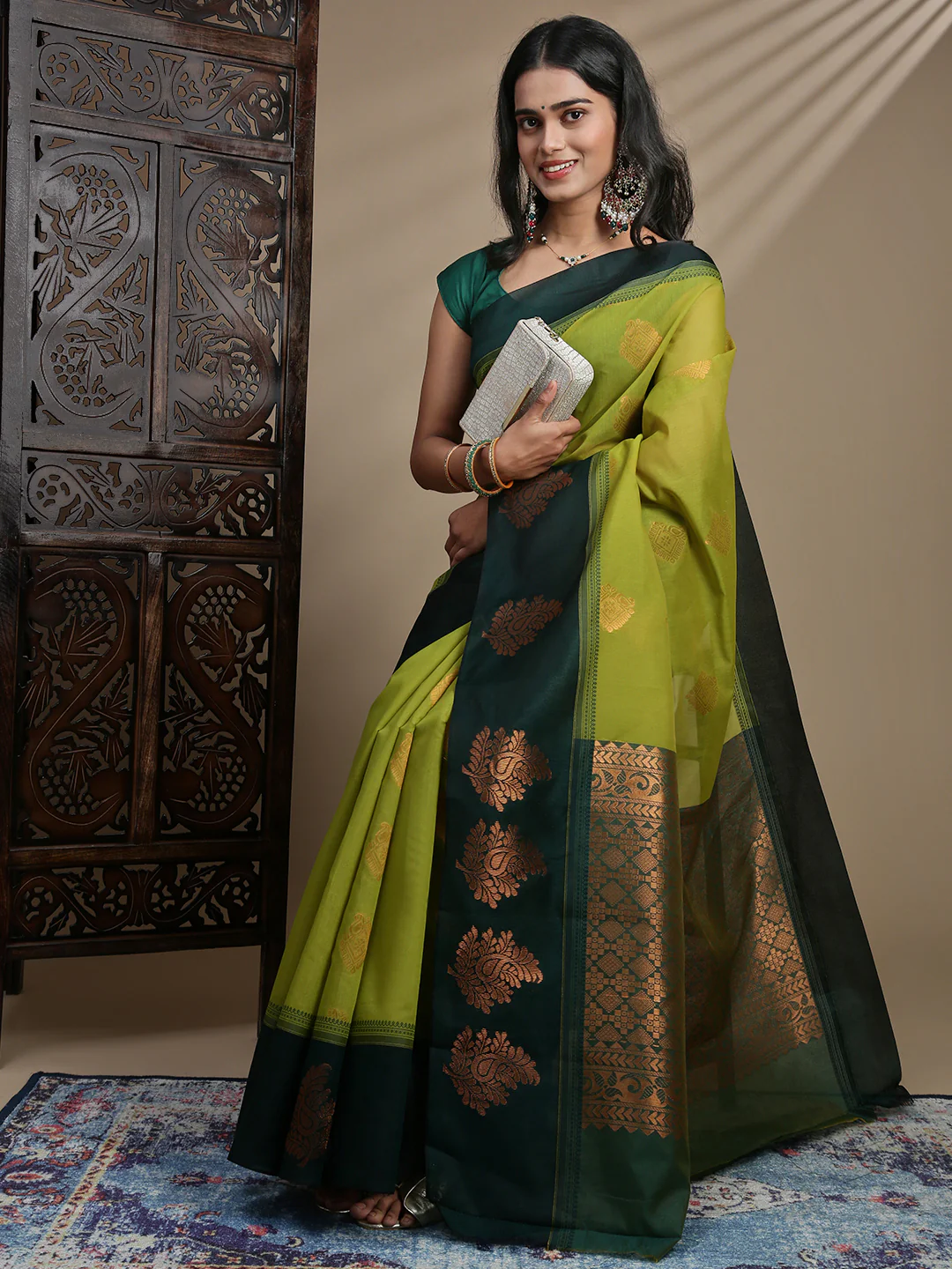 Women Kora Cotton Fancy Light Green Saree SK113 - Image 4