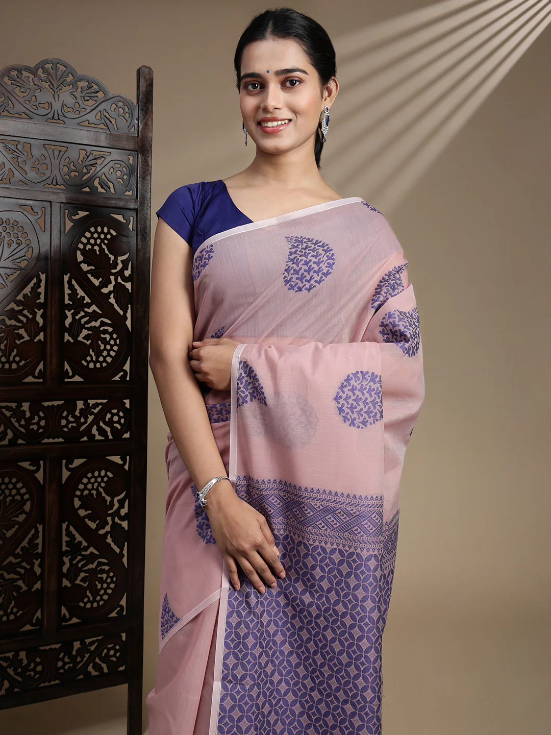 Women Kora Cotton Rose Pink Saree SK115 - Image 2