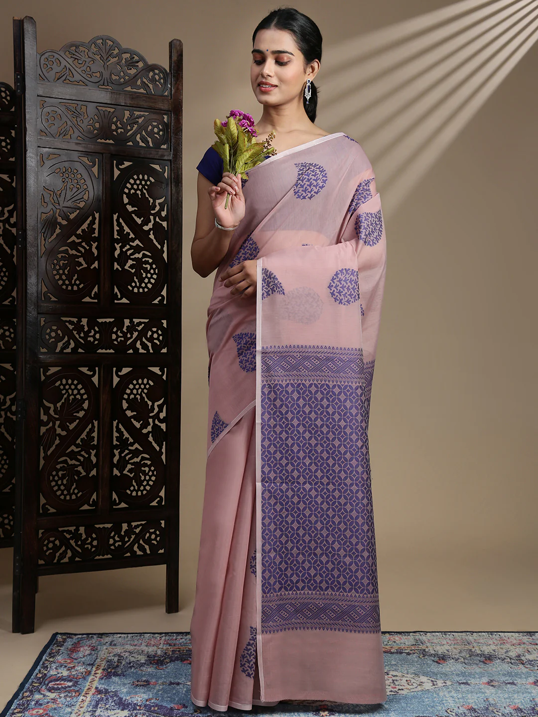 Women Kora Cotton Rose Pink Saree SK115 - Image 3