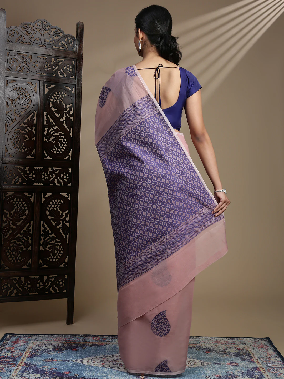 Women Kora Cotton Rose Pink Saree SK115 - Image 4