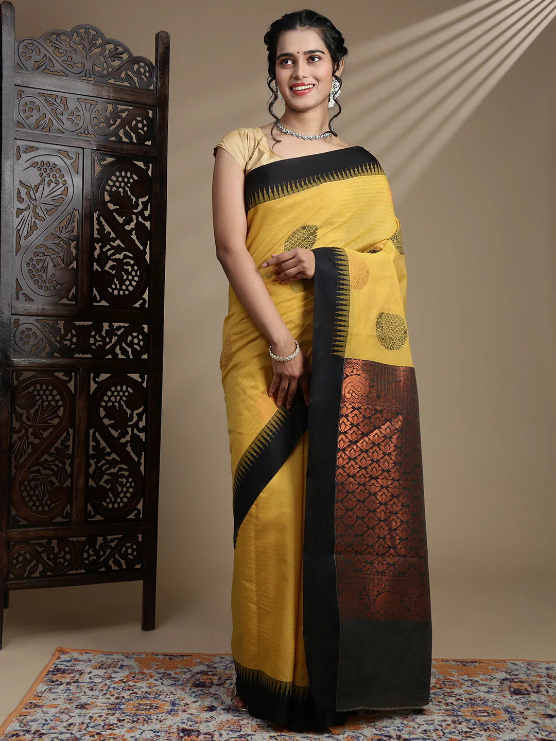 Women Kora Cotton Yellow Saree SK120 - Image 2