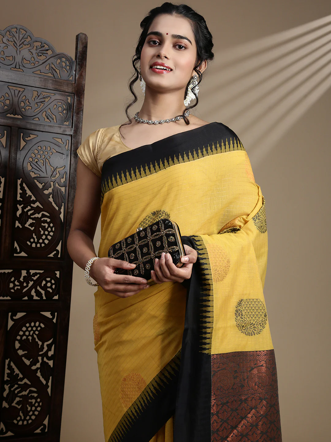 Women Kora Cotton Yellow Saree SK120 - Image 3