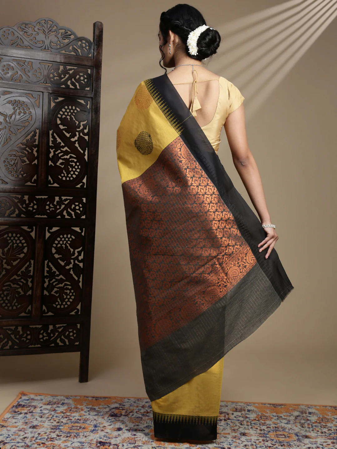 Women Kora Cotton Yellow Saree SK120 - Image 4