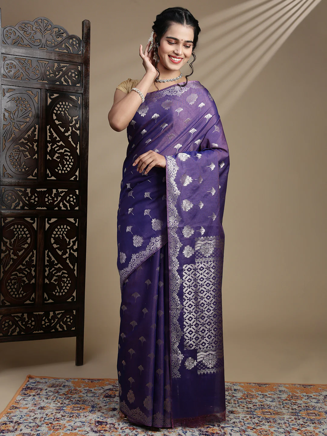 Women Lavender Kora Cotton Saree SK101 - Image 2