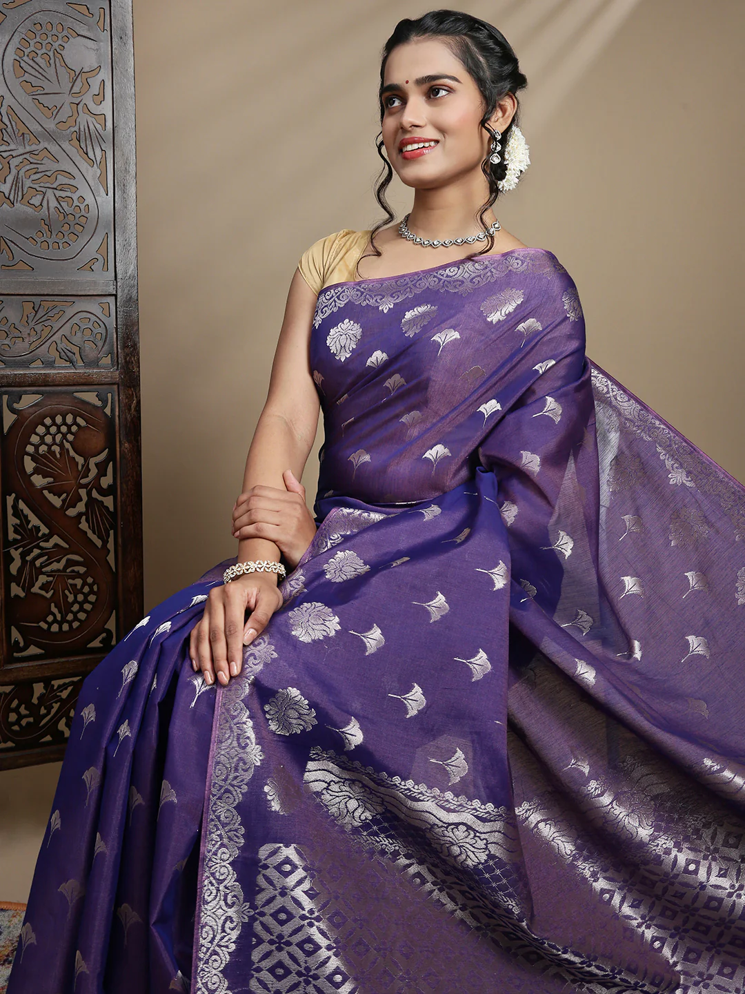 Women Lavender Kora Cotton Saree SK101 - Image 4