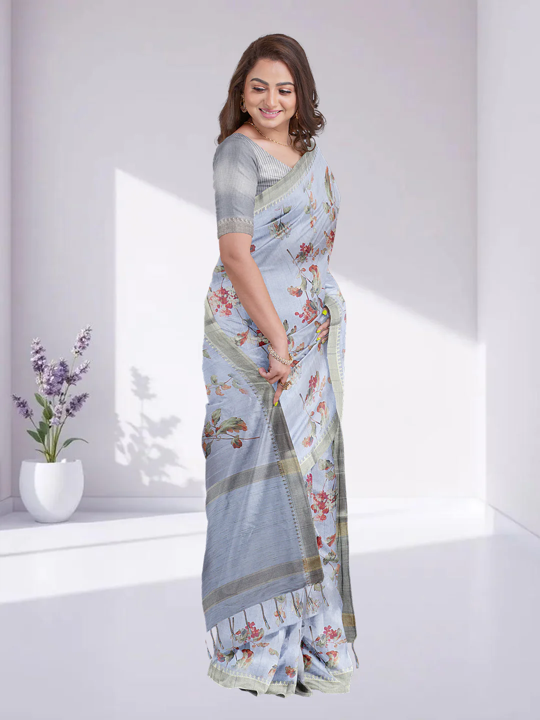 Women Lavender Semi Raw Silk Printed Saree SRS107 - Image 2