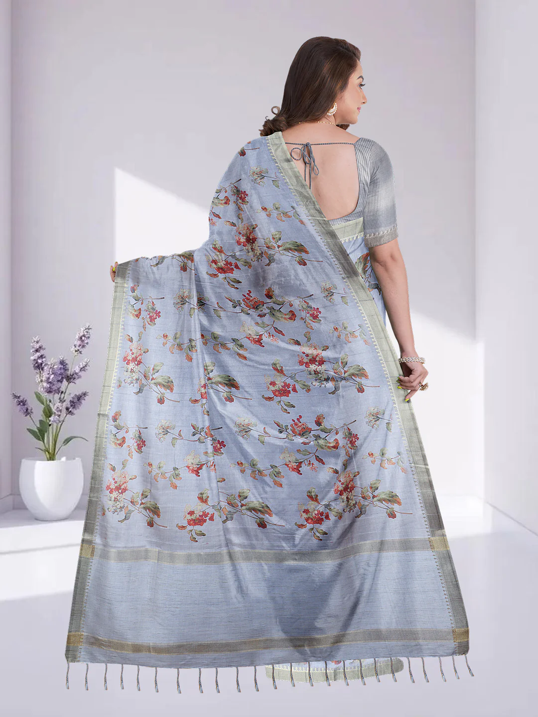 Women Lavender Semi Raw Silk Printed Saree SRS107 - Image 3