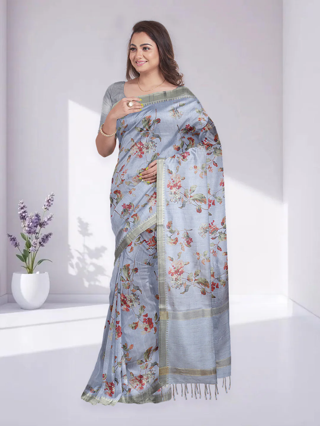 Women Lavender Semi Raw Silk Printed Saree SRS107 - Image 5