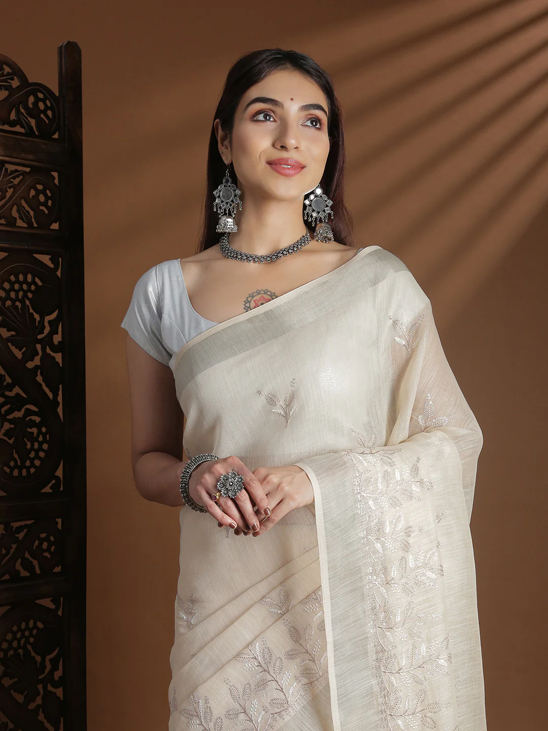 Women Light Beige Semi Linen Embroidered Saree SL244 - Image 2