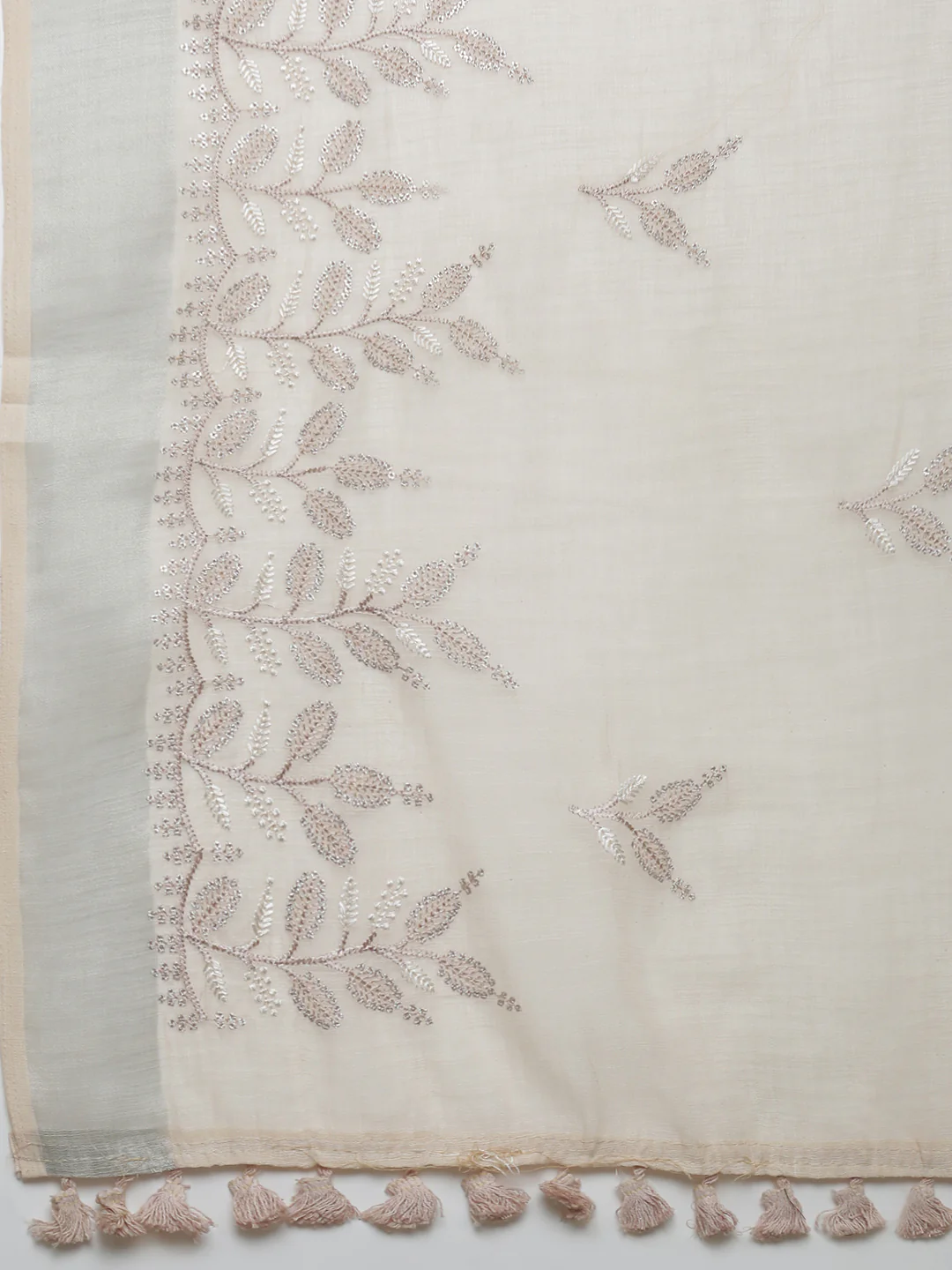 Women Light Beige Semi Linen Embroidered Saree SL244 - Image 6