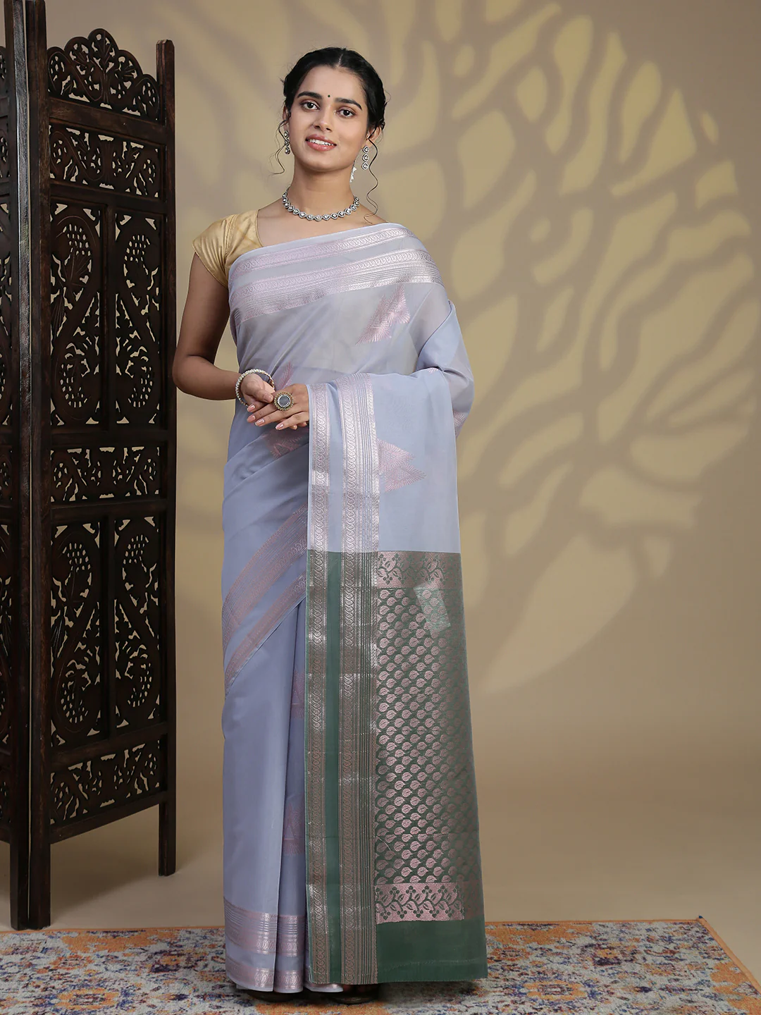 Women Light Blue Kora Cotton Fancy Saree SK103