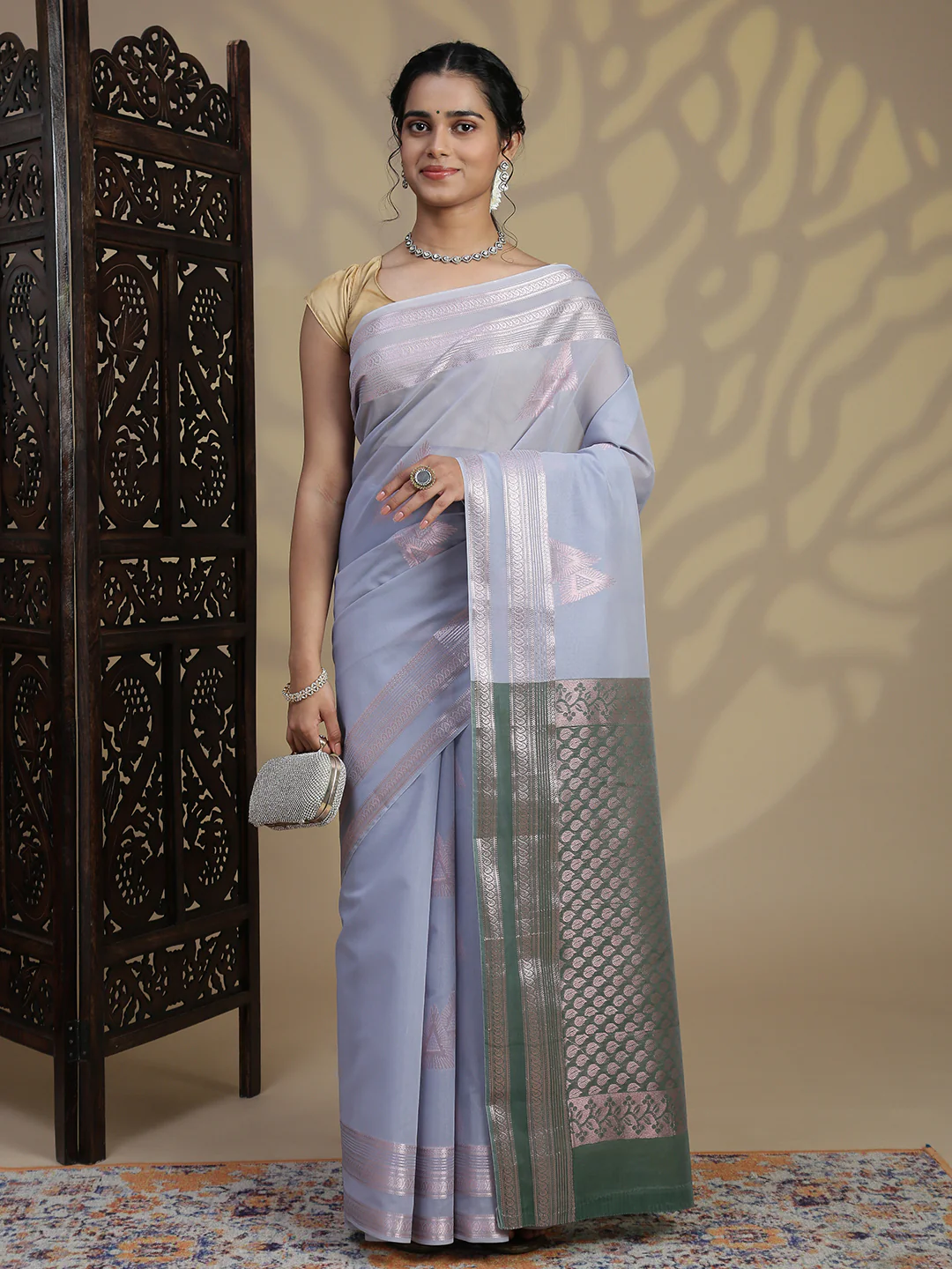Women Light Blue Kora Cotton Fancy Saree SK103 - Image 2