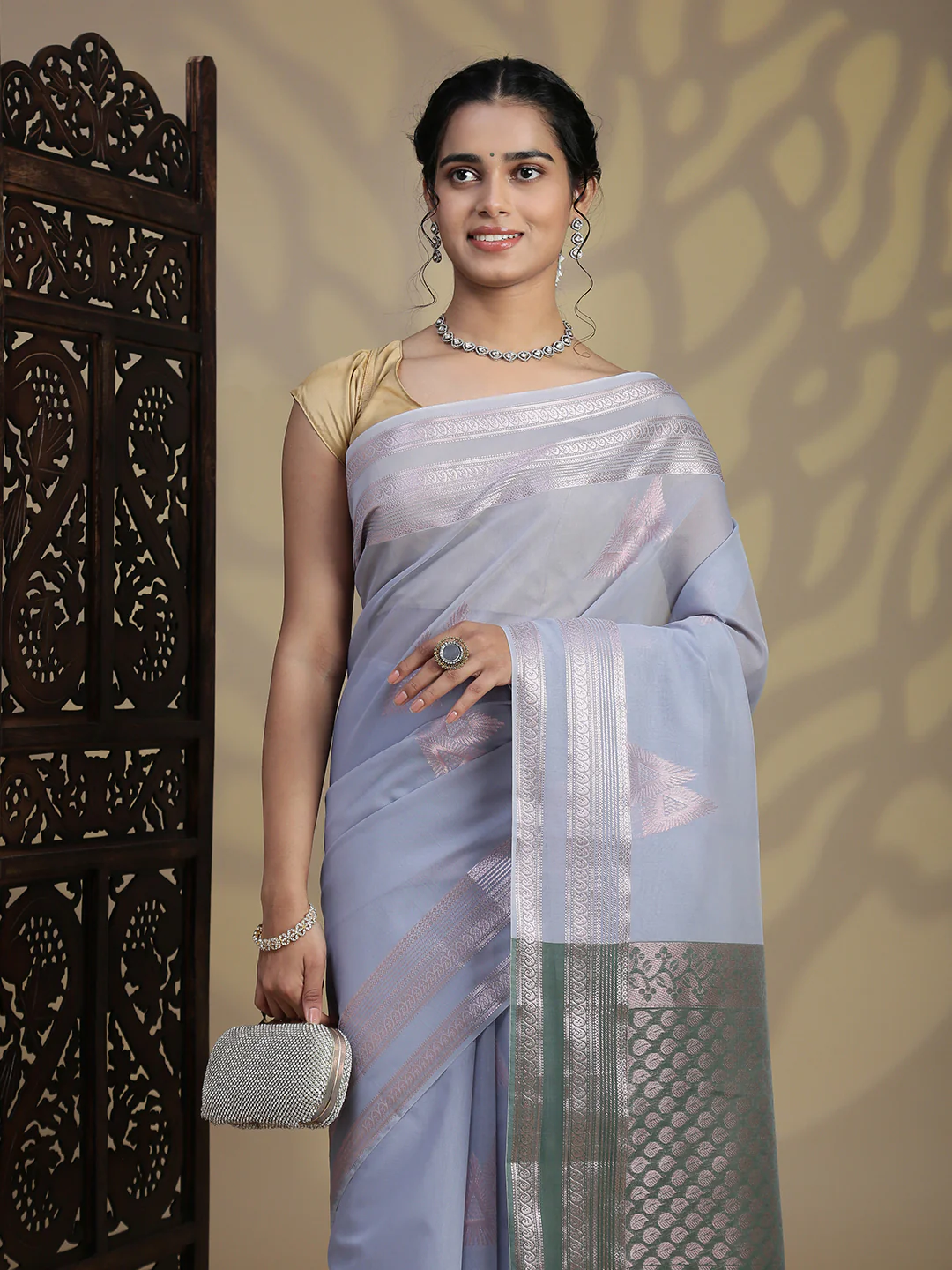 Women Light Blue Kora Cotton Fancy Saree SK103 - Image 5