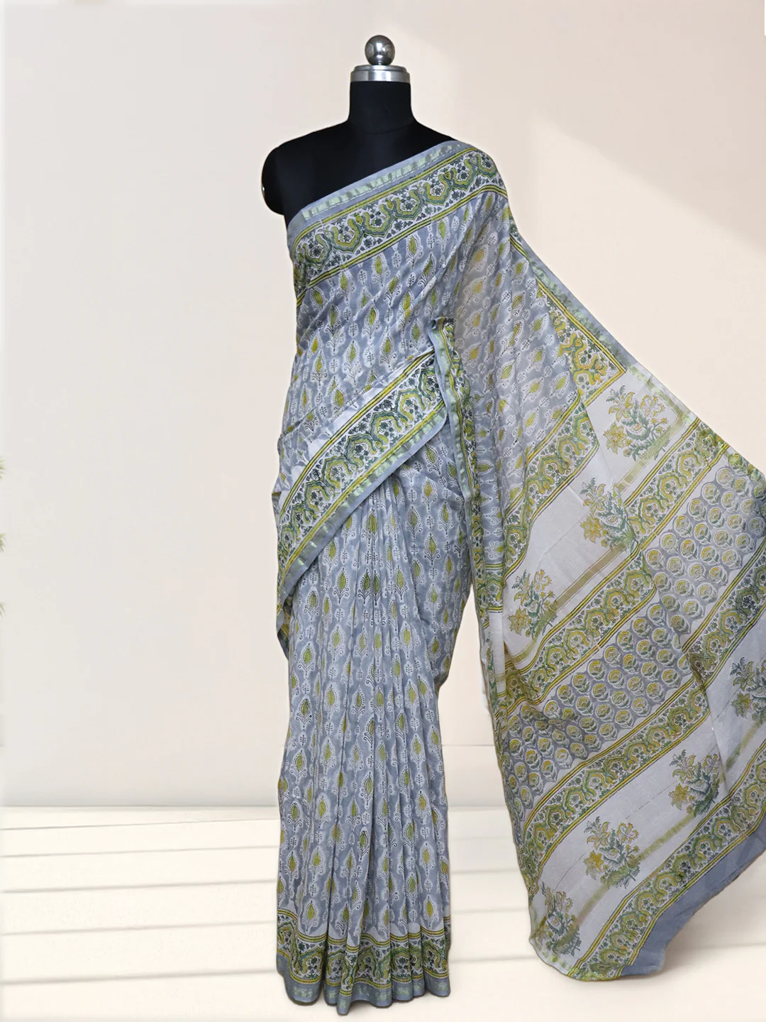Women Light Blue Pure Chanderi Cotton Printed Saree SC75 - Image 2