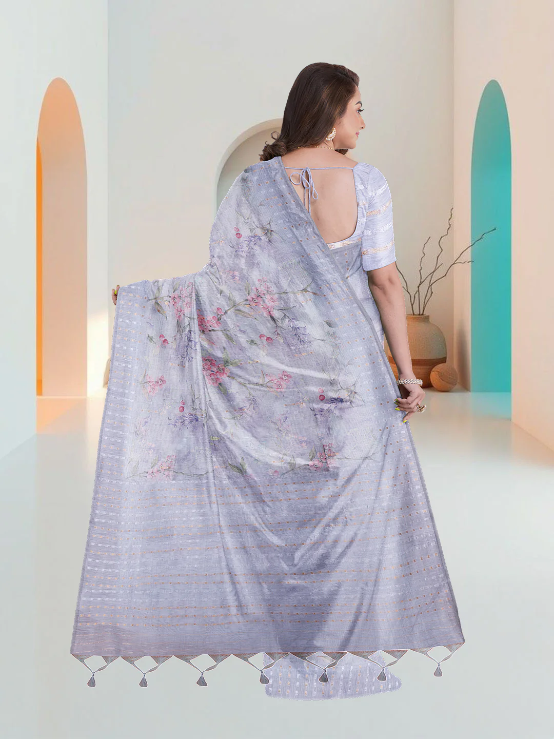 Women Light Blue Tissue Saree TS44 - Image 4