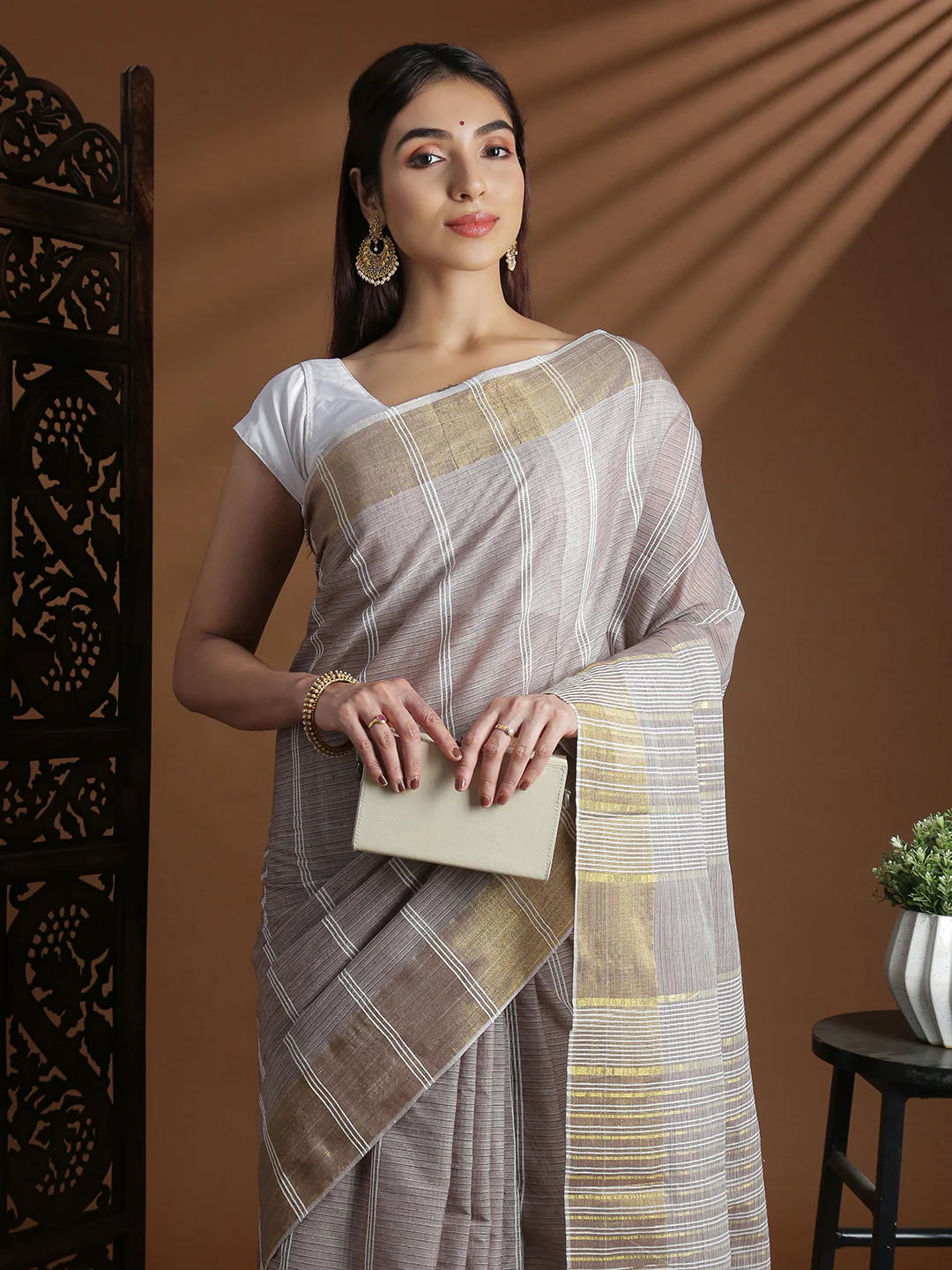 Women Light Brown Striped Cotton Jute Saree CJ12 - Image 2